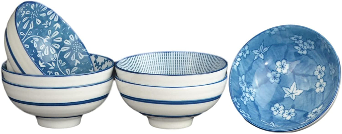 Swuut Japanese Style Ceramic Cereal Bowls,24 Ounces Salad,Soup,Blue and  White Rice Bowl Set,Set of 6 (6 inch)