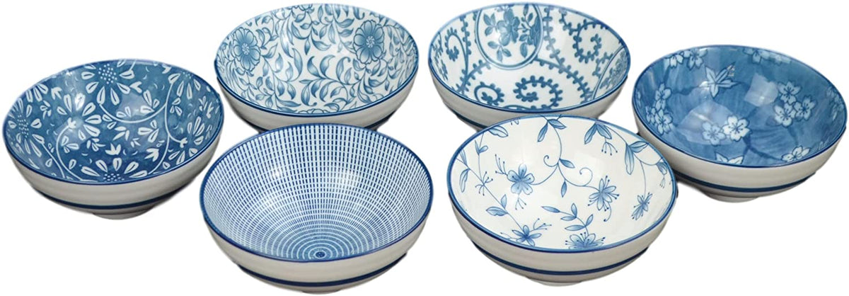 Intricate Blue and White Vine Motif Japanese Cereal Bowl Set for Six