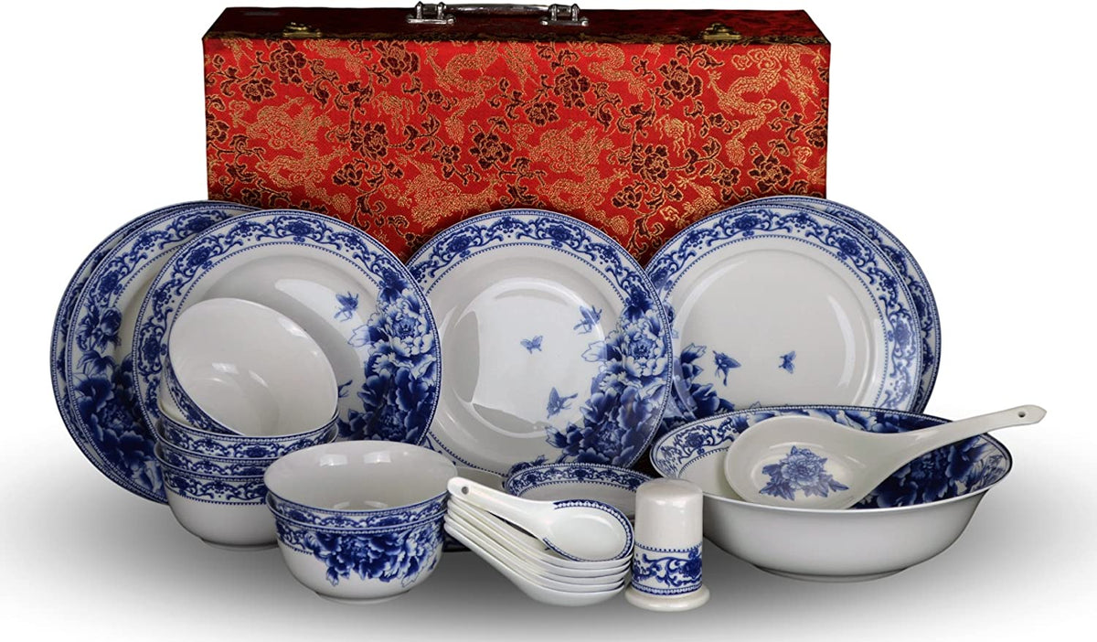Franquihogar, Complete White Dinnerware Set with Gold and Cobalt Blue for  6 People, 19-Piece Set, 6 Dinner Plates + 6 Consomme Bowls + 6 Dessert  Plates + Soup