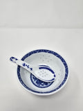 10 Pcs Fine Porcelain Blue and White Rice Pattern Bowls, Cereal Bowls, Rice Bowls with Free 10 Porcelain Spoons Jingdezhen China