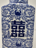 Festcool 12.5" Classic Blue and White Porcelain Floral Square Jar Vase, China Ming Style, Jingdezhen, Double Happiness