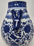 Classic Blue and White Floral Porcelain Vase, Double Deer Head Handles China Ming Style 10", Free Wood Base