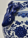 Classic Blue and White Floral Porcelain Vase, Double Deer Head Handles China Ming Style 10", Free Wood Base