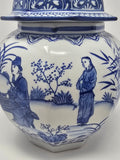 Blue and White Porcelain Ceramic Covered Floral Jar Vase Food Container Storage, Antient Chinese Men (J24)