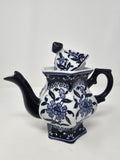 Teapot Blue and White Porcelain 16 Ounce China, Coffee Pot， Hexagonal