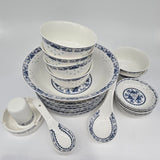 28-piece Bone China Blue and White Dinnerware Set, Service for 6, Rice Bowl Set, Jingdezhen,