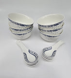 28-piece Bone China Blue and White Dinnerware Set, Service for 6, Rice Bowl Set, Jingdezhen,