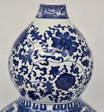 19" Classic Blue and White Porcelain Gourd-Shaped Vase, China Ming Style, Happiness, Good Fortune, Fengshui, Jingdezhen, Free Wood Base