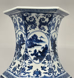 Festcool 25" Classic Blue and White Hexagonal Porcelain Vase, Landscape Painting Ceramic China Qing Style （D9）