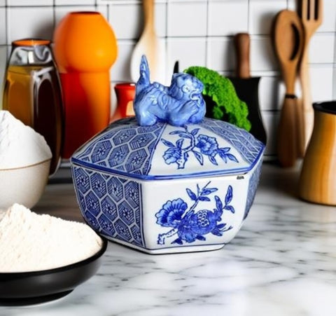 Classic Blue and White Ceramic Porcelain Jar Vase, Hexagon Canister, Sugar Candy Container, Tea Container, Dragon Button Lid, Hand-crafted Jingdezhen