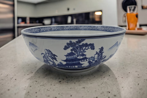 Extra Large Salad Serving Bowls Heritage Chinese Blue and White Landscape 12"x5", Fruit Bowls, Japanese, Korean, Chinoiserie Bowl