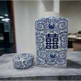 12.5" Classic Blue and White Porcelain Floral Square Jar Vase, China Ming Style, Jingdezhen, Double Happiness