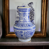 15" Classic Blue and White Floral Porcelain Vase, Double Lion Head Ears Ceramic China Ming Style, Free Wood Base