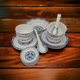 28-piece Bone China Blue and White Dinnerware Set, Service for 6, Rice Bowl Set, Jingdezhen,