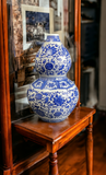 19" Classic Blue and White Porcelain Gourd-Shaped Vase, China Ming Style, Happiness, Good Fortune, Fengshui, Jingdezhen, Free Wood Base