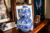 19" Classic Blue and White Porcelain Gourd-Shaped Vase, China Ming Style, Happiness, Good Fortune, Fengshui, Jingdezhen, Free Wood Base