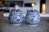 One Pair of Blue and White Floral Porcelain Ceramic Vases, Tea Sugar Jar Container Storage