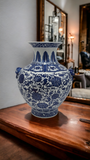 18" Classic Blue and White Floral Porcelain Vase, Double Lion Head Ears Ceramic China Ming Style