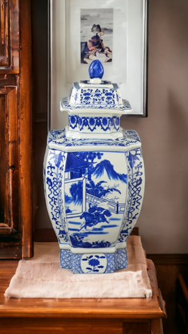 19" Classic Blue and White Porcelain Octagonal Jar Vase, China Qing Style, Jingdezhen (D22)