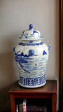 19" Antique Like Finish Retro Blue and White Porcelain Landscape Temple Ceramic Ginger Jar Vase, China Ming Style, Jingdezhen (L19)