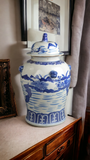 19" Antique Like Finish Retro Blue and White Porcelain Landscape Temple Ceramic Ginger Jar Vase, China Ming Style, Jingdezhen (L19)