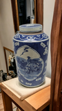 15" Antique Like Finish Retro Blue and White Porcelain Bird and Flowers Ceramic Covered Jar Vase, China Ming Style, Jingdezhen (L10)