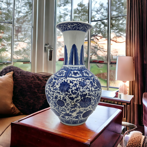 20" Classic Blue and White Floral Porcelain Vase, China Vase, Decorative Vase, Reward Vases