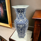 24" Classic Blue and White Hexagonal Lotus Porcelain Vase , Ceramic Vase Jingdezhen, China Qing Style （D8）