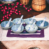 Porcelain Bowls Set of 6, for Cereal, Soup, Chinese Japanese Bowl Sets with Free 6 Porcelain Spoons, 10 oz, Blue and White