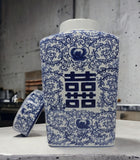 Festcool 12.5" Classic Blue and White Porcelain Floral Square Jar Vase, China Ming Style, Jingdezhen, Double Happiness