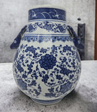 Classic Blue and White Floral Porcelain Vase, Double Deer Head Handles China Ming Style 10", Free Wood Base