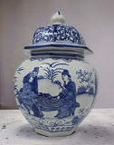 Blue and White Porcelain Ceramic Covered Floral Jar Vase Food Container Storage, Antient Chinese Men (J24)