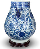 Classic Blue and White Floral Porcelain Vase, Double Deer Head Handles China Ming Style 10", Free Wood Base