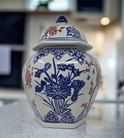 Blue and White Porcelain Ceramic Covered Floral Jar Vase, Food Container Storage Lotus Plum Blossoms,(J23)