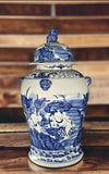 19" Antique Like Finish Blue and White Porcelain Children and Lotus Temple Ceramic Ginger Jar Vase, China Ming Style, Jingdezhen (L3)