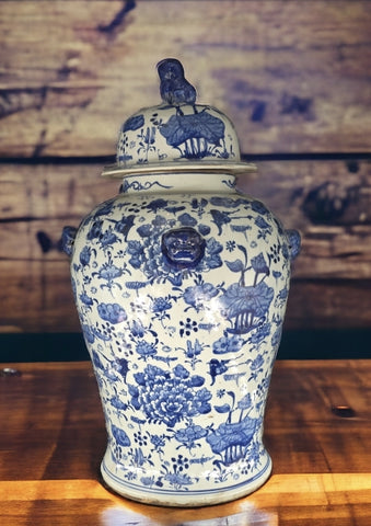 19" Antique Like Finish Retro Blue and White Porcelain Lotus and Flowers Temple Ceramic Ginger Jar Vase, China Ming Style, Jingdezhen (L5)