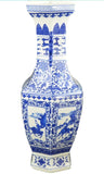 21" Classic Blue and White Hexagonal Porcelain Vase, Figure Dragon Ears Ceramic China Qing Style （D3）