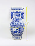 21" Classic Blue and White Hexagonal Porcelain Vase, Figure Dragon Ears Ceramic China Qing Style （D3）