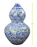16" Classic Blue and White Porcelain Gourd-Shaped Vase, China Ming Style, Good Fortune, Fengshui, Jingdezhen