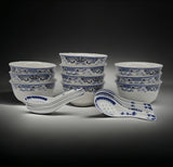 10 Pcs Fine Bone China Blue and White Chinese Soup Bowls Ceramic Porcelain Bowl, with Free 10 Porcelain Spoons Rice Bowl