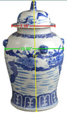 19" Antique Like Finish Retro Blue and White Porcelain Landscape Temple Ceramic Ginger Jar Vase, China Ming Style, Jingdezhen (L19)