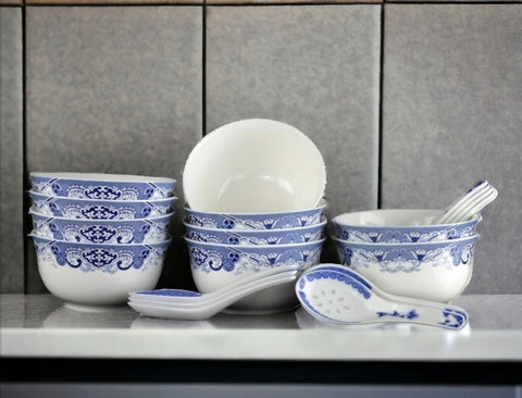 10 Pcs Fine Bone China Blue and White Chinese Soup Bowls Ceramic Porcelain Bowl, with Free 10 Porcelain Spoons Rice Bowl