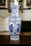 25" Classic Blue and White Hexagonal Porcelain Vase, Landscape Painting Ceramic China Qing Style （D9）