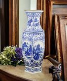 25" Classic Blue and White Hexagonal Porcelain Vase, Landscape Painting Ceramic China Qing Style （D9）