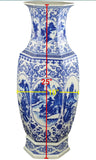 25" Classic Blue and White Hexagonal Porcelain Vase, Landscape Painting Ceramic China Qing Style （D9）