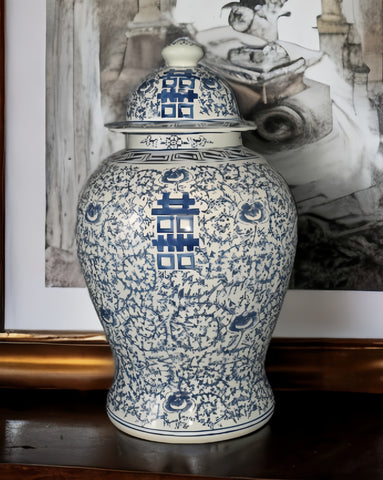 Festcool 19 inch Antique Like Blue and White Porcelain Temple Vase Jar Double Happiness Jingdezhen China (J8) Blue White 19*11*11 inches