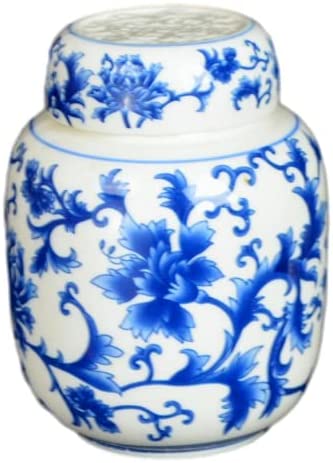 Blue and White Porcelain Floral Ceramic Tea Storage Covered Jar Container, Decorative