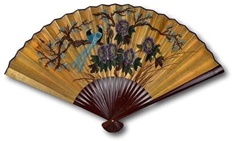 1980s Vintage Classic Large 42-inch Hand-painted Chinese Decorative Wall Fan, Paper Fan, Gold Leaf, Birds, Cherry Blossom, Peony, Japanese Style (2412)