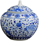 Blue and White Porcelain Floral Ceramic Tea Storage Covered Jar Container, Decorative, Small