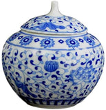 Blue and White Porcelain Floral Ceramic Tea Storage Covered Jar Container, Decorative, Small